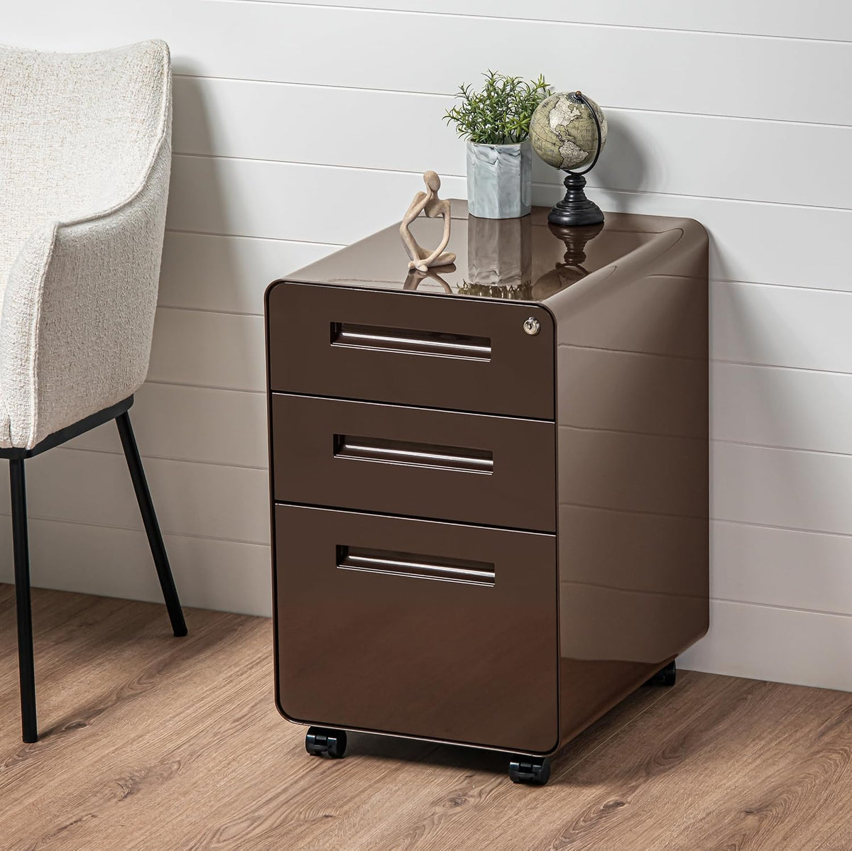 Laura Davidson Furniture Stockpile 3 Drawer File Cabinet with Lock - Under Office Desk Metal Filing Cabinet, Legal/Letter File Folders, Wheels and Stationary Feet, Pre-Assembled, Dark Brown