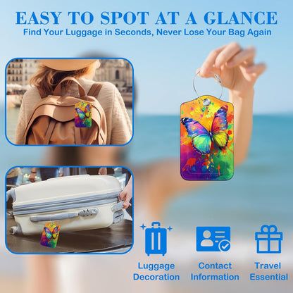 2 Pcs Luggage Tags for Suitcases, Colorful Butterfly Leather Bag Tags for Luggage Privacy Cover Name ID Label with Stainless Steel Loop Cruise Airport Travel Essentials