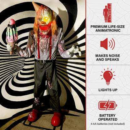 Haunted Hill Farm 6.5-Ft Animatronic I Scream Clown by Tekky, Halloween Animatronic, Creepy Party Decor, Indoor & Covered Outdoor Spooky Party Decoration Motion-Activated Lights & Sound, LifeSize