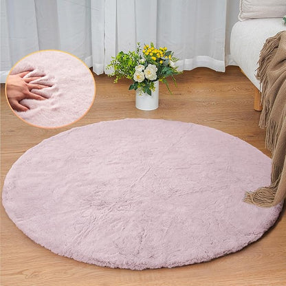 ORINOVA Pink Washable Fluffy Rugs for Bedroom Small Circle Faux Rabbit Shag Fur Area Rugs for Living Room Nursery Round Rug 3ft Rug