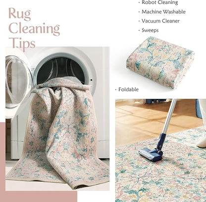 MUJOO 2x3 Washable Rug,Pink Floral Small Area Rugs for Bathroom Entryway Entry Bedroom Bedside,Boho Front Door Mat Indoor Entrance Throw Carpet Botanical Vintage Non Slip Ultra-Thin