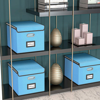 Huolewa Portable File Organizer Box Office Document Storage with Lid, Linen Hanging Filing Storage Boxes, Decorative Home/Office Filing System for File and Folders Storage (Sky-blue)