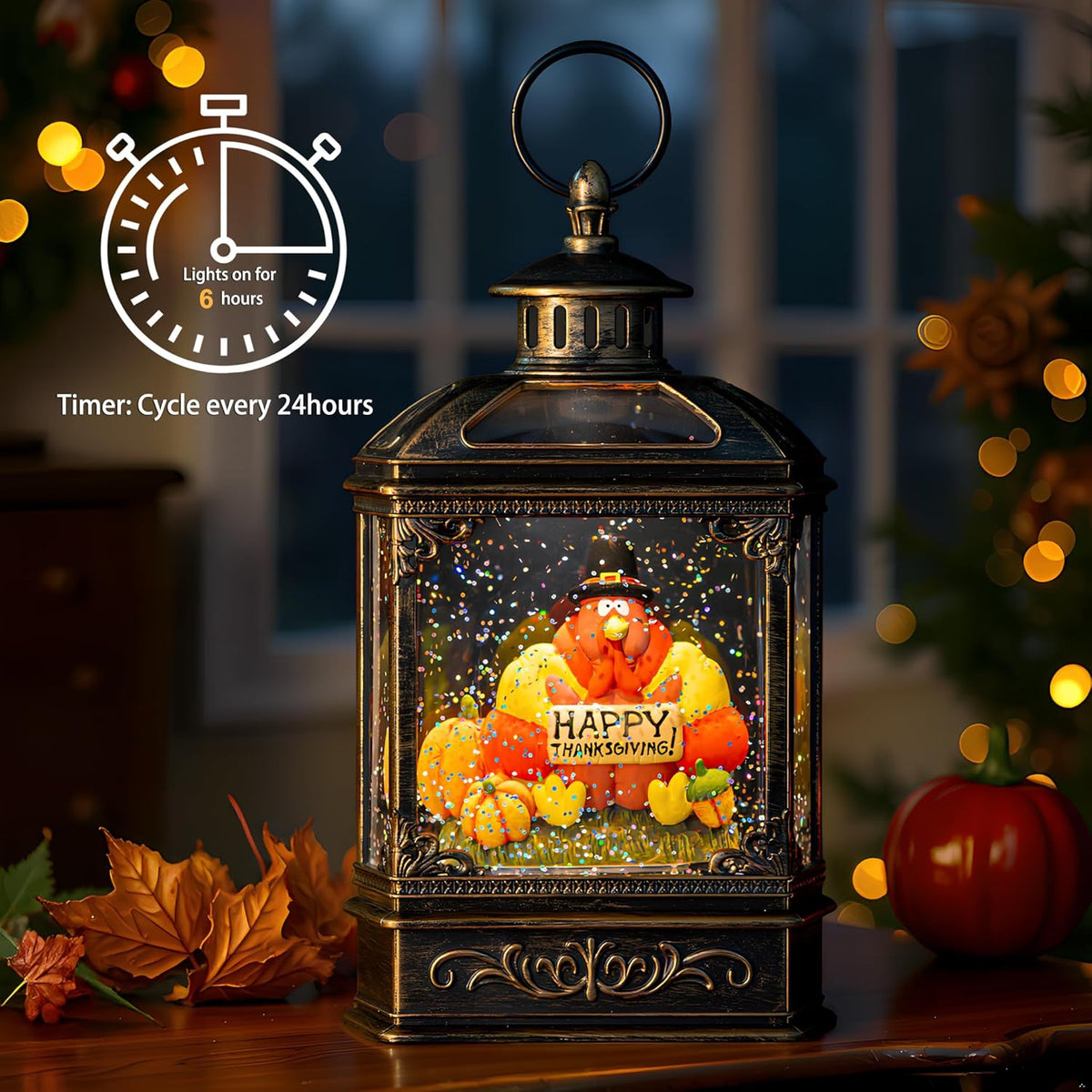 10.5'' Fall Snow Globe Lantern - Thanksgiving Glittering Lighted Water Lantern, Fall Decorations Autumn Harvest Day Gifts, Home Fall Halloween Decor (Turkey & Pumpkins)