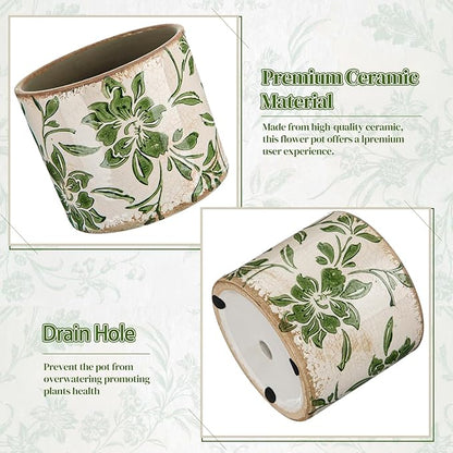 Indoor Ceramic Plant Pots with Drainage Hole 5 Inch Chinese Glaze Ice Crack Flower Pot Vintage Succulent Pots Porcelain Decorative Planter for Plants Herb Home Decor(Green,Leaves Style)
