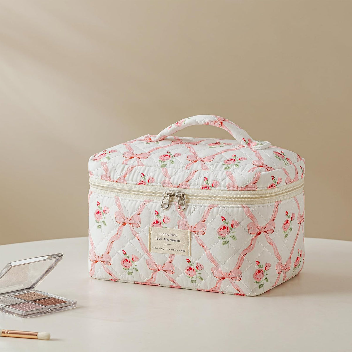 HBselect Quilted Makeup Bag, 3PCS Cotton Large Travel Makeup Bag, Cute Floral Coquette Make up Bag Cosmetic Bag Toiletry Bag for Women Girls