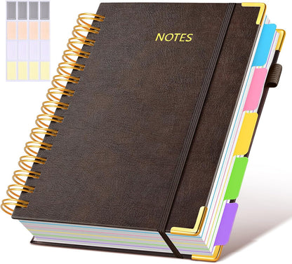 Hardcover Spiral Notebook journal with Removable Dividers Tabs, 300 Pages Leather 5 Subject Notebook College Ruled, 100GMS A5 Notebooks for Work School Note taking,Lined Journal for Women,A5 Brown