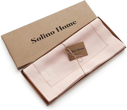 Solino Home Linen Pink Table Runner 120 Inches Long - 100% Pure Linen Hemstitch 14 x 120 Inch Table Runner for Dining, Christmas - Classic Hemstitch
