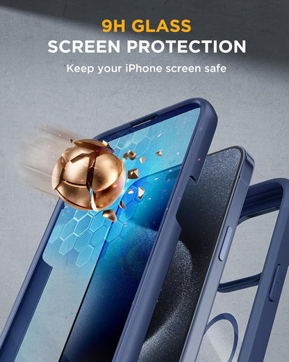 Miracase Magnetic for iPhone 12 Pro Max Case [Compatible with MagSafe] Full-Body Phone case with Built-in Glass Screen Protector& Camera Protector, Military Drop Proof 12 Pro Max Cover, Blue