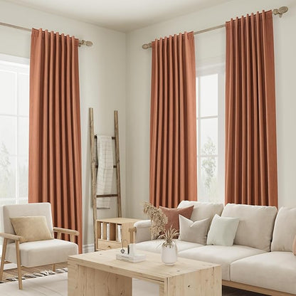 Guken Terracotta 100% Blackout Curtains 90 Inch Length 2 Panels Set Fall Curtains for Living Room Bedroom Back Tab Thermal Insulated Black Out Linen Drapes, 52x90