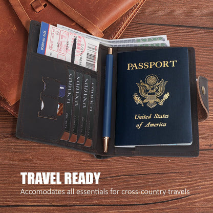 STAR VISTA Carmen Leather Passport Wallet, Dual Bifold Cash Pockets, RFID Blocking, ID Window, 6 Card Slots, Coin Pocket, SIM Slots, AirTag Slots, Dark Brown