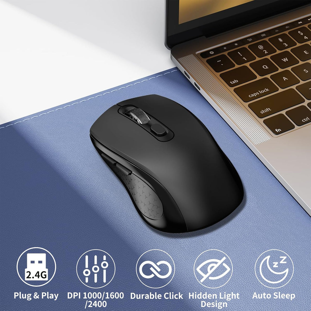 Wireless Mouse Ergonomic, Side Buttons Mouse, 2400 DPI, Silent and Anti Slip Roller Cordless Mice, 2.4Ghz with USB Receiver, 6 Buttons, Suitable for Laptop PC Chromebook and Windows 11/10/7 - Black