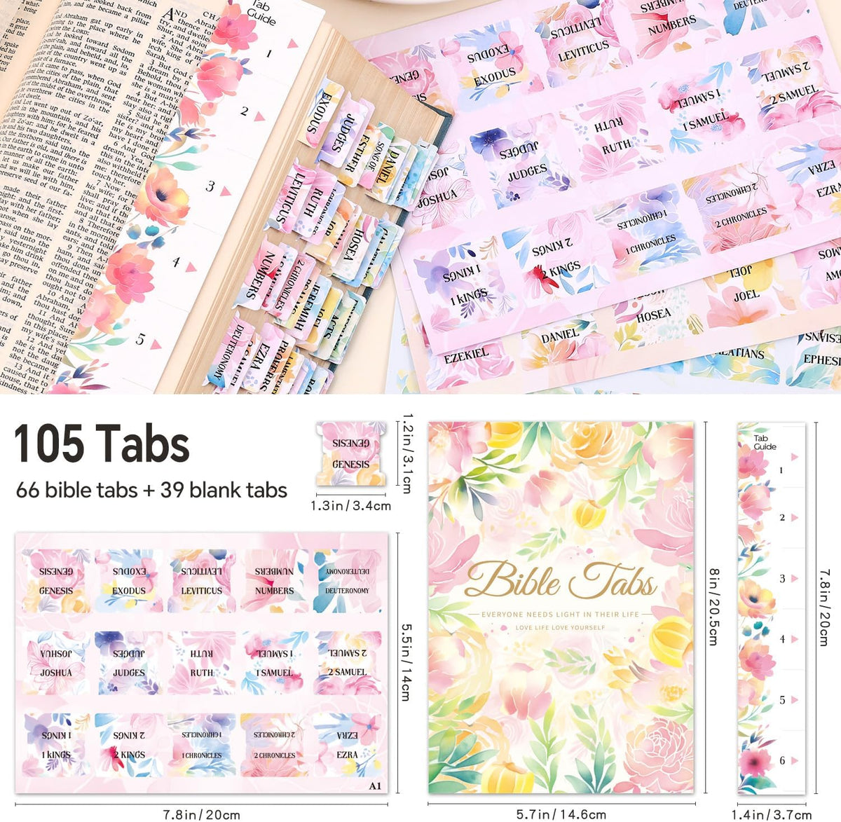 Bible Tabs for Women, 66 Large Print Laminated Bibles Chapters Index Tabs and 39 Blank Dividers Sticky Labels, Cute Beauty Bloom Bible Study Supplies, Journaling Accessories, Christian Gifts for Men