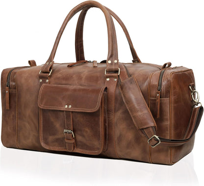 Leather Duffel Bag for Men & Women, Genuine Weekender Travel Bag, Handmade Overnight Gym Bag with Shoulder Strap, Carry-On for Business & Outdoor Travel (Asher Duffel, Light Brown, 22 Inch)