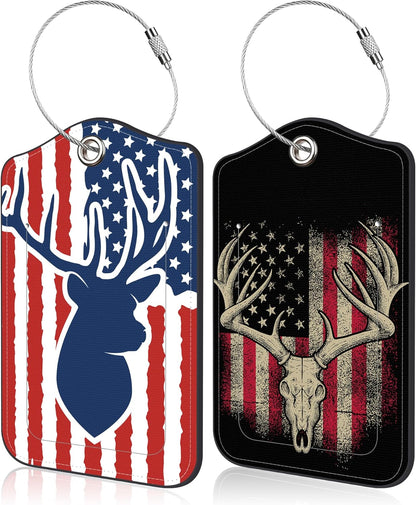 2 PCS American Hunting Deer Flag Luggage Tag for Suitcase Hunter American Flag Deer Leather Suitcase Tags with Name Address Card Label Privacy Cover and Stainless Steel Loop for Women Men