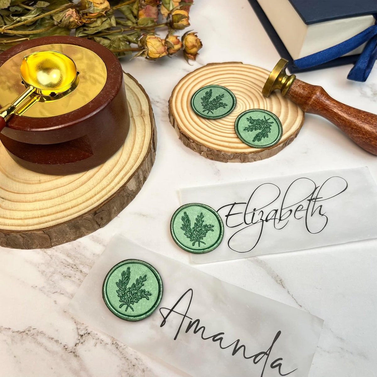 50Pcs Wax Seal Stickers Handmade Envelope Seals Self Adhesive Wax Stickers for Wedding Party Invitations, Envelope, Gift Wrap, Christmas(Rosemary Style, Green)