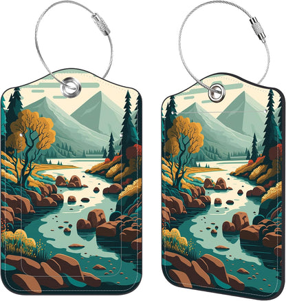 2 Pcs Luggage Tags for Suitcases, Forest River Mountain Leather Bag Tags for Luggage Privacy Cover Name ID Label with Stainless Steel Loop Cruise Airport Travel Essentials