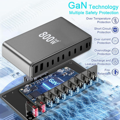 800W USB C Fast Charger Block, 10 Port USB Charging Station, GaN Ⅲ Pro Double 140W PD PPS Port Fast Charging Station,Laptop Wall Charger Compatible with HP,DELL,MacBook Pro,iPhone 17,Galaxy S24