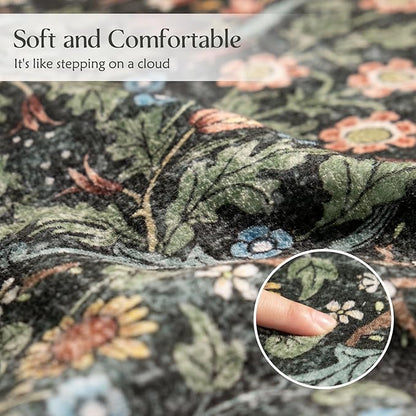 MUJOO Floral 5x7 Area Rugs,Washable Rug for Living Room Bedroom Office Dining Room,Large Throw Carpet,Boho Non Slip Indoor Floor Big Soft Botanical Vintage Ultra-Thin Black and Green