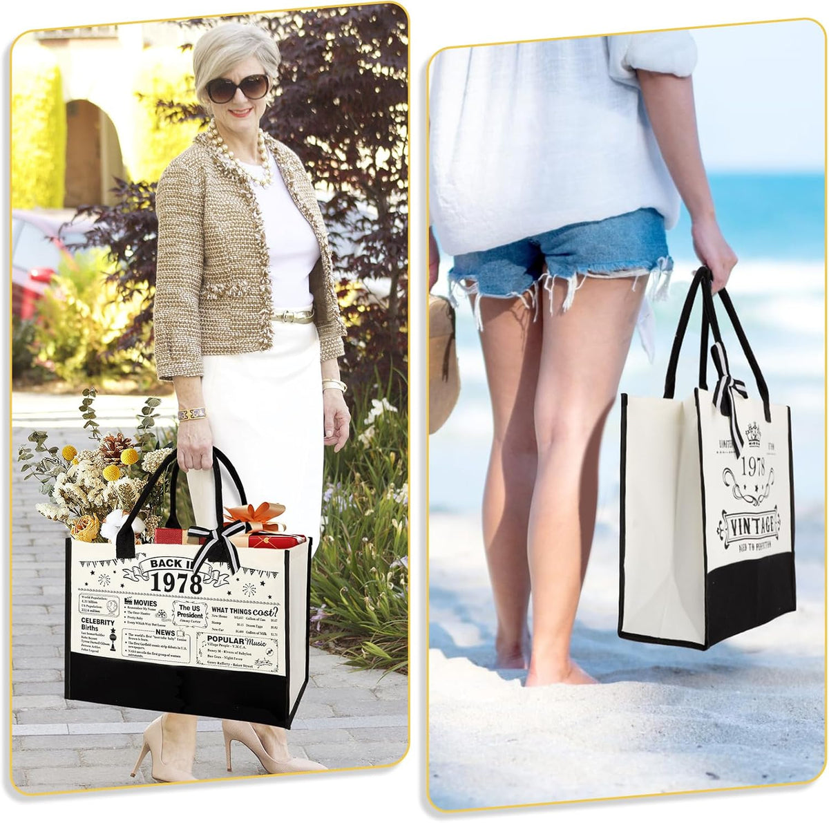 YeohJoy 47th Birthday Gifts for Her Canvas Tote Bag Travel Gear, Unique 47 Years Old Birthday Gifts for Girlfriend Sister Friends Women, Vintage 1978 Handbag & Cosmetic Bag & Back in 1978 Poster