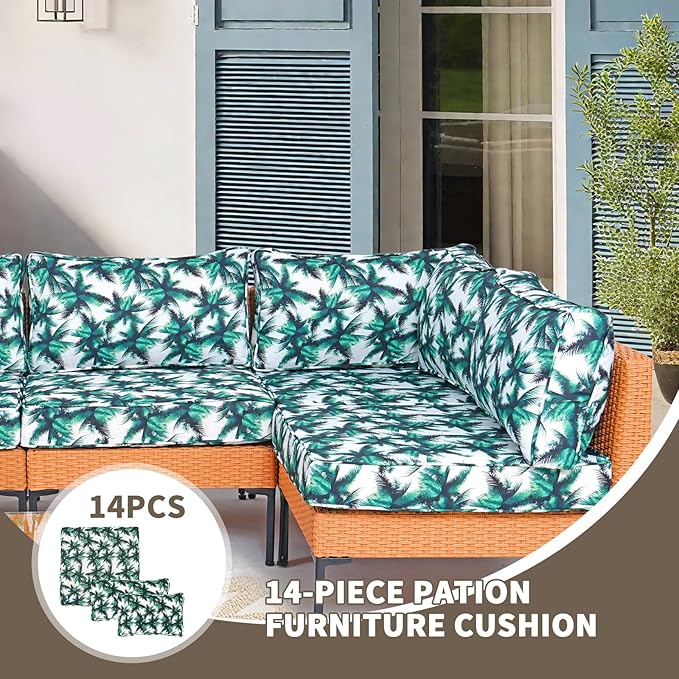 14Piece Outdoor Sofa Cushion Replacement, Patio Furniture Waterproof Cushion with Zippers, fit 6-Seat Outdoor Wicker Rattan Sectional Couch (Palm Leaf, 24.8"x24.8"x3.15")