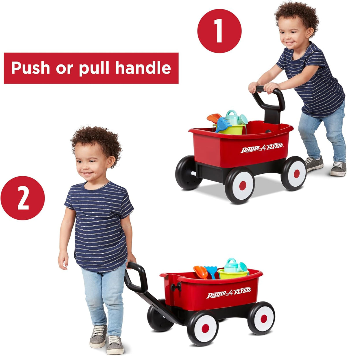 radio flyer push & pull walker wagon with garden tools, red, for kids 1-4 years old