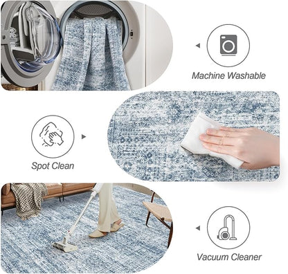 Soalmost Washable Area Rug 8x10, Large Soft Rugs for Living Room Vintage Blue 8x10 Area Rugs for Bedroom Dining Room Non-Slip Stain Resistant Under Table Rug