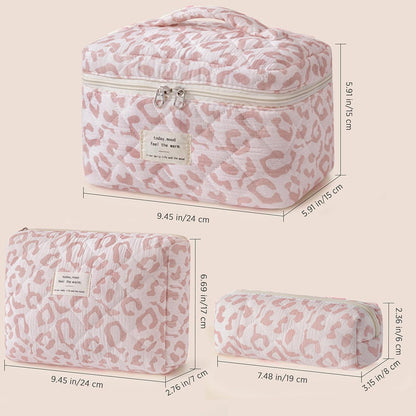 HBselect Quilted Makeup Bag, 3PCS Cotton Large Travel Makeup Bag, Cute Floral Coquette Make up Bag Cosmetic Bag Toiletry Bag for Women Girls