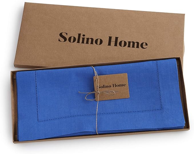 Solino Home Linen Royal Blue Table Runner 120 Inches Long - 100% Pure Linen 14 x 120 Inch Table Runner for Christmas, New Year - Classic Hemstitch