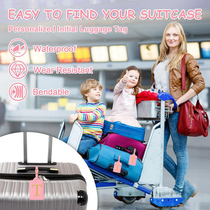 Initial Letter Luggage Tag for Suitcase, Cute Luggage Bag, Waterproof PU Leather Travel Luggage Tag, Suitcase Identifier Name Tag, Monogrammed Suitcases Tags, Bag Tags for Handbags(Pink T)