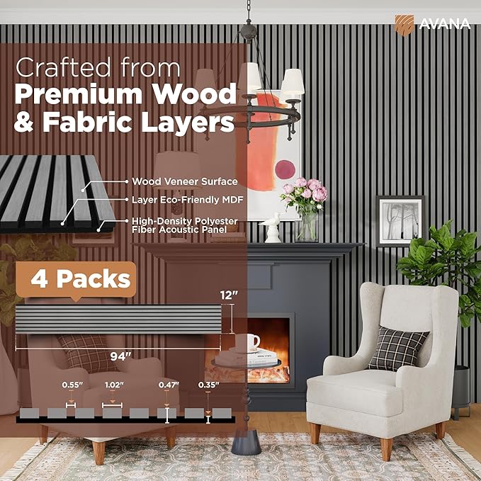 Avana Acoustic Wood Wall Panels – 94.4 x 12.6 Inch Gray Oak Acoustic Panels 4
