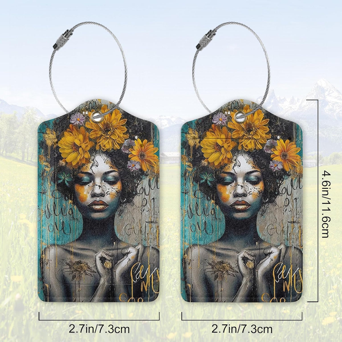 2 Pack Leather Luggage Tag for Suitcase African Girl Art Unique Travel Tags with Privacy Cover ID Label & Stainless Steel Loop for Men and Women Baggage