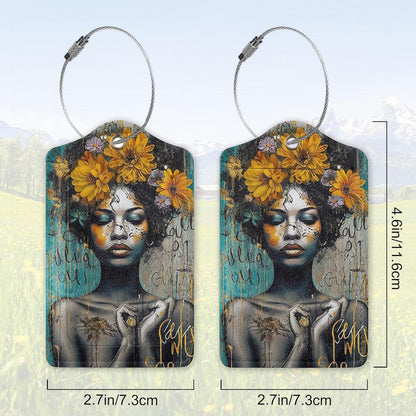 2 Pack Leather Luggage Tag for Suitcase African Girl Art Unique Travel Tags with Privacy Cover ID Label & Stainless Steel Loop for Men and Women Baggage