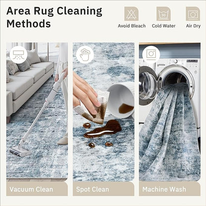 Soalmost Washable Area Rug 8x12, Large Soft Rugs for Living Room Vintage Blue/Grey Carpet 8x12 Area Rugs for Bedroom Dining Room Non-Slip Stain Resistant Under Table Rug
