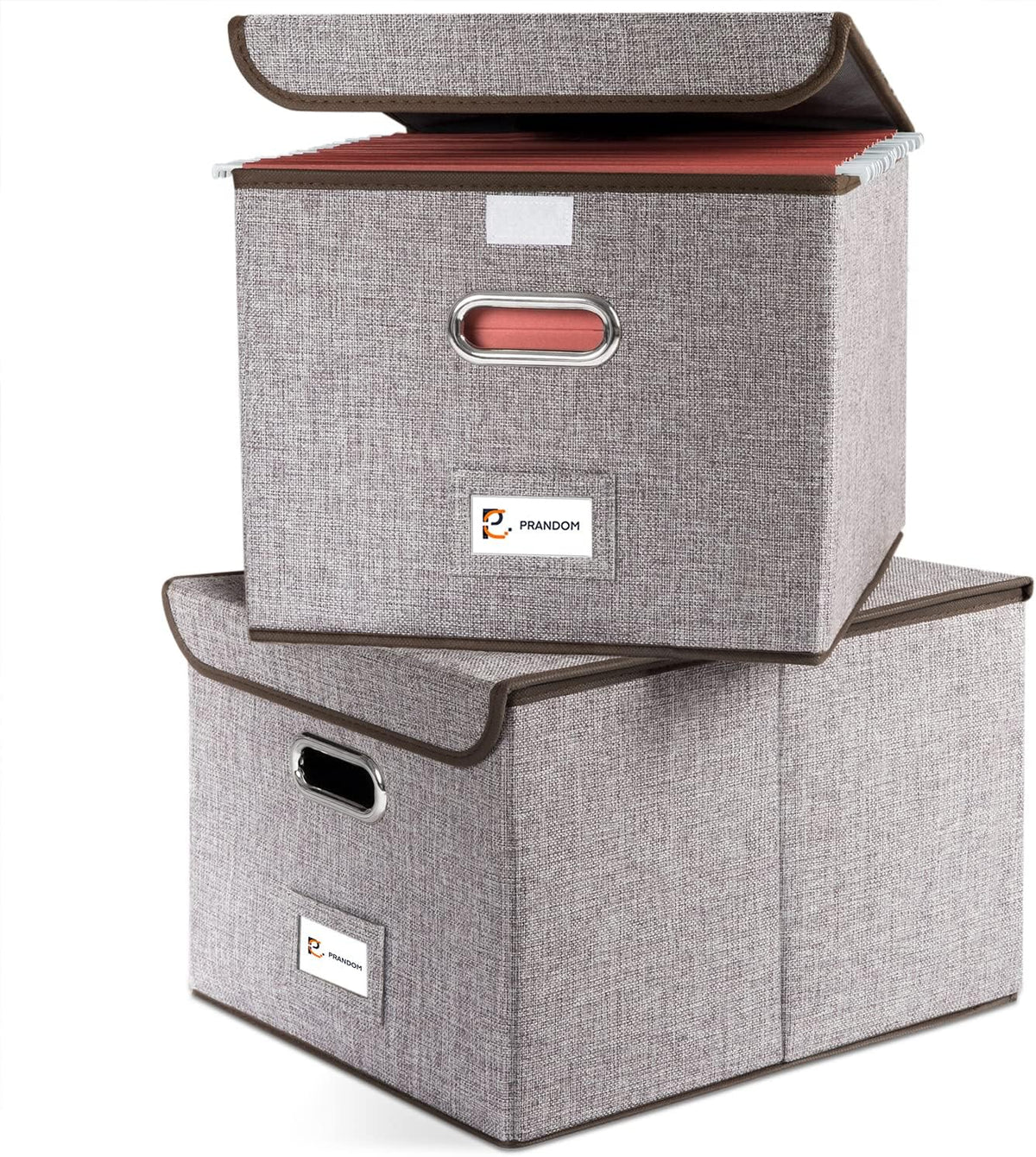 PRANDOM File Organizer Box - Set of 2 Collapsible Decorative Linen Filing Storage Hanging File Folders with Lids Office Cabinet Letter Size (15x12.2x10.75 inch)