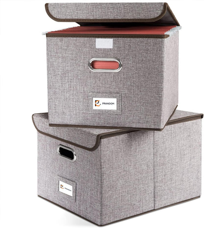 PRANDOM File Organizer Box - Set of 2 Collapsible Decorative Linen Filing Storage Hanging File Folders with Lids Office Cabinet Letter Size (15x12.2x10.75 inch)
