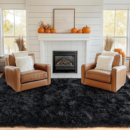Pionblank 8x10 Rug for Living Room, Fuzzy Plush Large Area Rug, Fluffy Modern Shag Non Slip Soft Furry Carpet for Bedroom Kids Room Nursery Teens Dorm Home Decor, Black