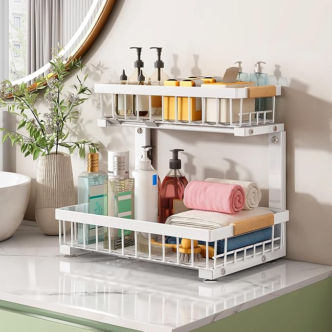 Kitstorack Under Sink Organizer, 2 Packs 2 Tier Under Sink Organizers and