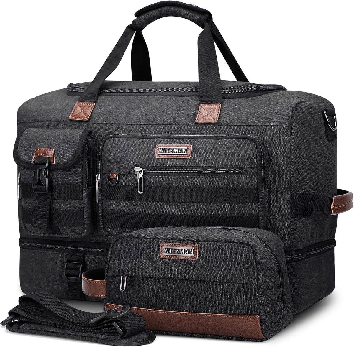 WITZMAN Duffle Bag for Men 50L Canvas Weekender Overnight Bag with Toiletry Bag Sets Travel Duffel Bag Shoes Compartment（A8010-2 Black）