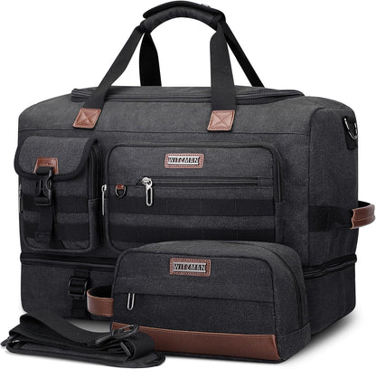 WITZMAN Duffle Bag for Men 50L Canvas Weekender Overnight Bag with Toiletry Bag Sets Travel Duffel Bag Shoes Compartment（A8010-2 Black）