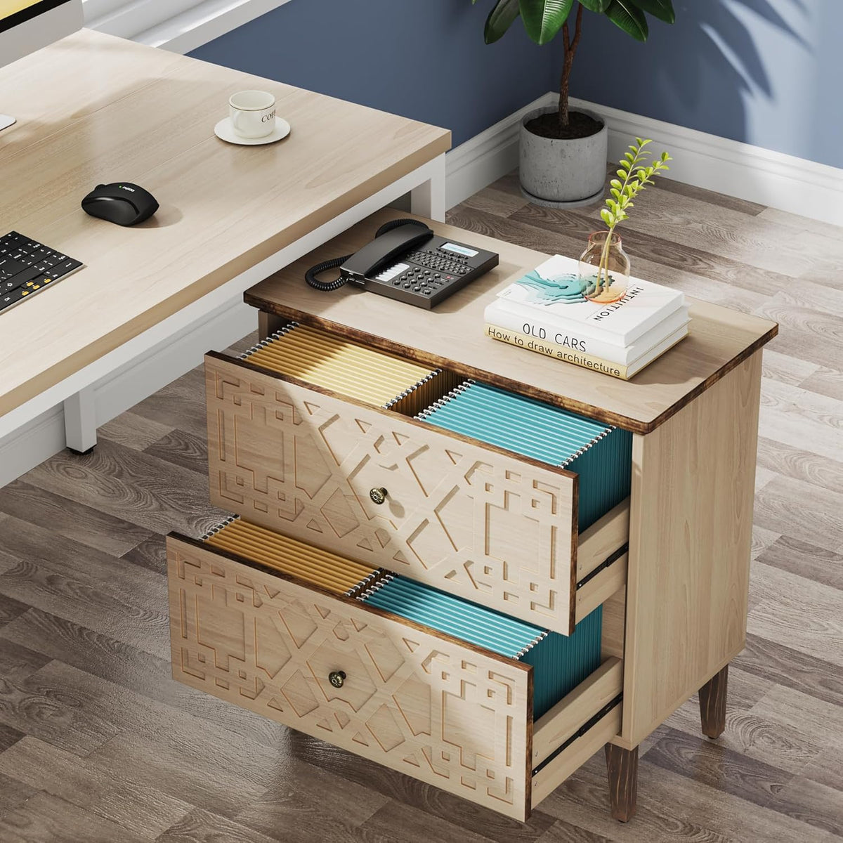 LITTLE TREE 2-Drawer File Cabinet, Wood Lateral Filing Cabinet for Home Office, Beige