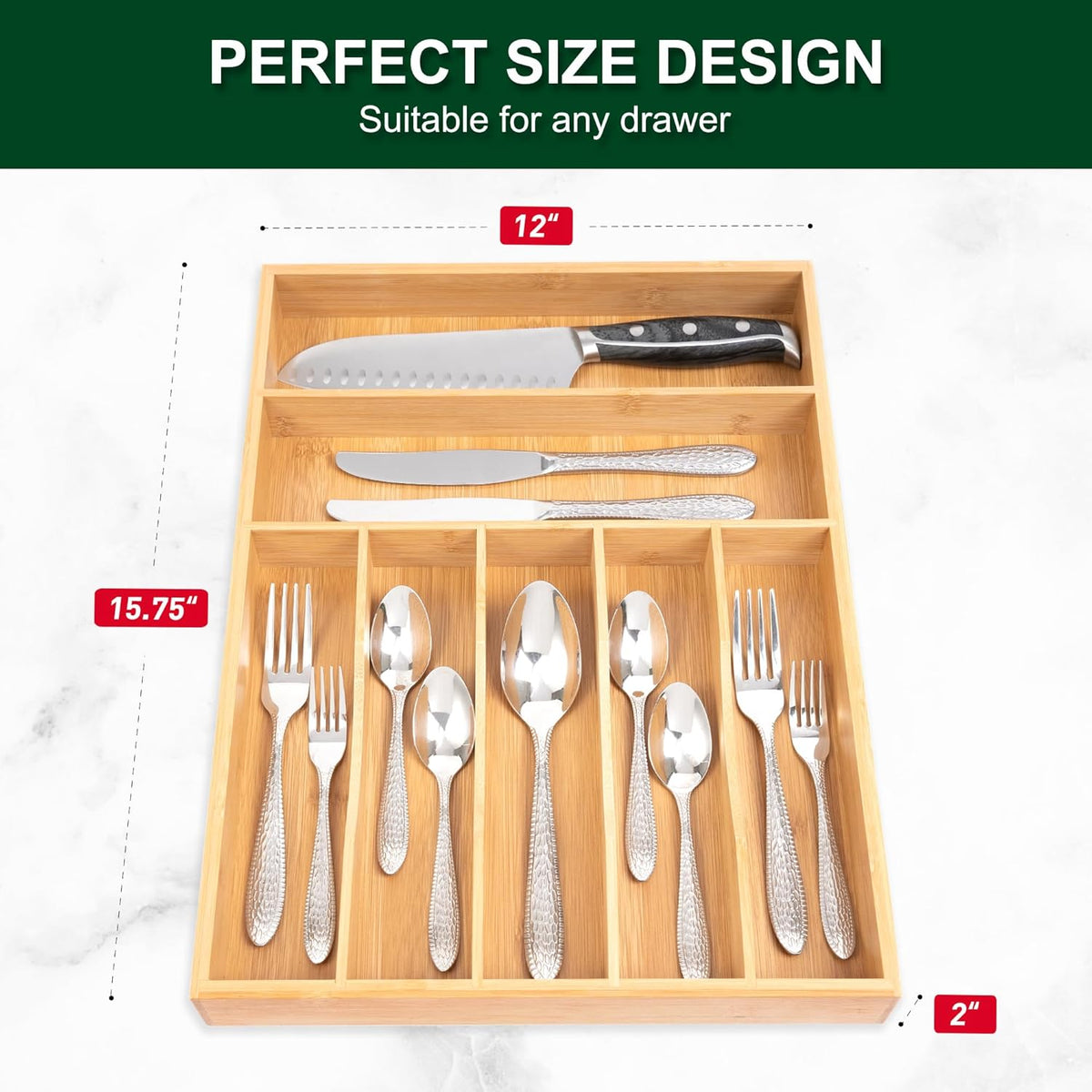 Bellsal Natural Utensil Organizer 12.5 Inch Silverware Organizer for Drawer Utensil Holder Cutlery Organizer Kitchen Drawer Organizer 7 Compartment Small Narrow Bamboo