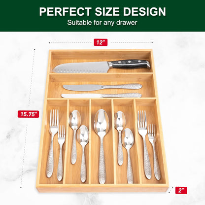 Bellsal Natural Utensil Organizer 12.5 Inch Silverware Organizer for Drawer Utensil Holder Cutlery Organizer Kitchen Drawer Organizer 7 Compartment Small Narrow Bamboo
