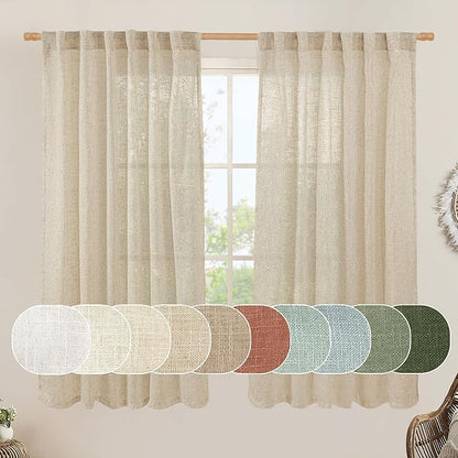 LAMIT Natural Linen Blended Curtains 63 Inch for Bedroom, Light Filtering Semi Sheer Burlap Curtains Farmhouse Boho Back Tab and Rod Pocket Drapes for Dining Room, 2 Panels (52 x 63 Inch, Linen)