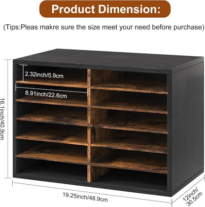 Mail Organizer Countertop, 12 Slots Wooden Desk File Literature Sorter, Adjustable Paper Storage Shelves Document Holder, Space Saving Desktop Mailbox for Office Classroom, Black/Rustic Brown