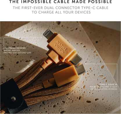 Native Union Belt Cable Duo – 5ft Ultra-Strong Braided Universal Charging Cable – Made with Recycled Materials – 2-in-1 Multi-Device MFi Certified Connectors for Lightning & Type-C Devices (Kraft)