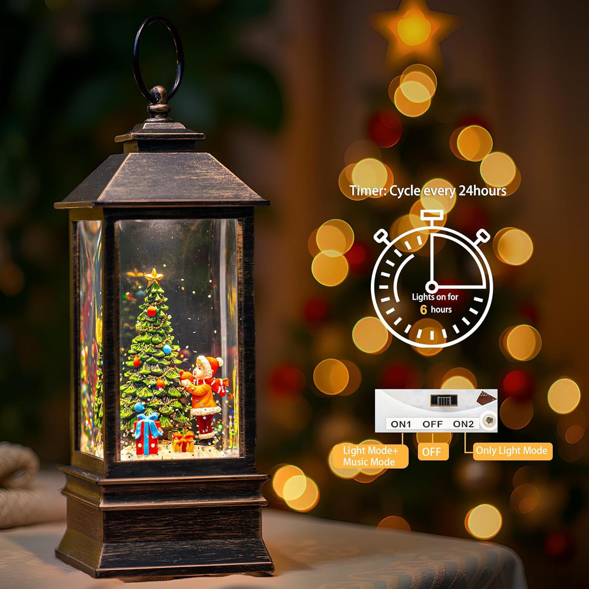 Christmas Snow Globe Lantern Water Glittering Christmas Tree Gifts with Music & Timer, USB Lined/Battery Operated Lighted Lantern for Christmas Festival Decorations