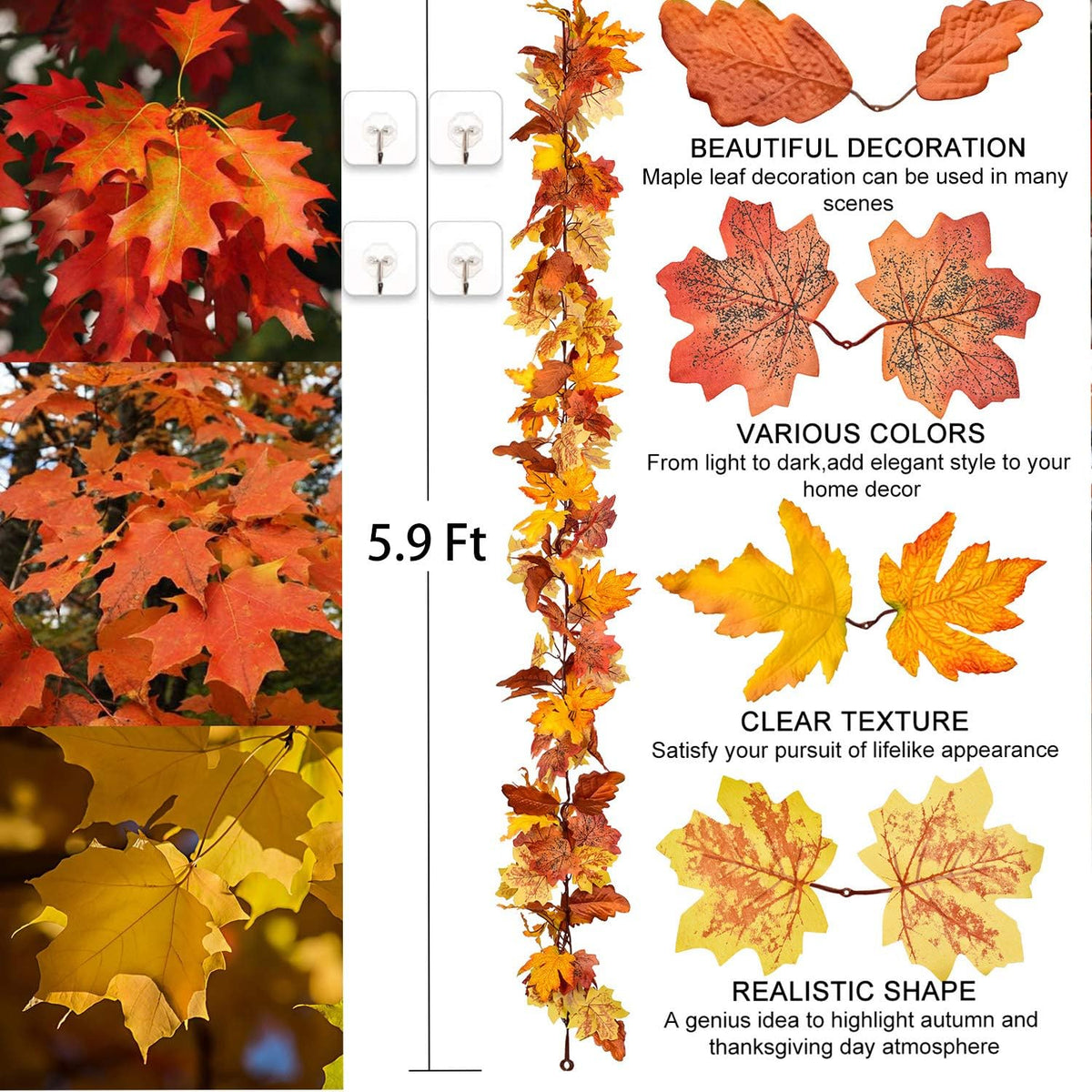 Fall Maple Leaf, 2 Pack 5.9Ft/Piece Hanging Vine Garland Artificial Autumn Foliage Thanksgiving Decor for Home Wedding Fireplace Party Christmas
