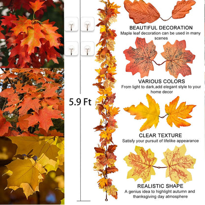 Fall Maple Leaf, 2 Pack 5.9Ft/Piece Hanging Vine Garland Artificial Autumn Foliage Thanksgiving Decor for Home Wedding Fireplace Party Christmas
