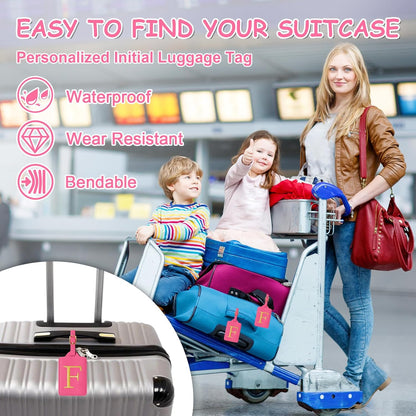 Initial Letter Luggage Tags for Suitcases, Embroidered Monogrammed Suitcase Luggage Identifier Name Tag, PU Leather TSA Approved Luggage Tags, Bag Tags for Men Women Kids Luggage Handbags(Rosered F)