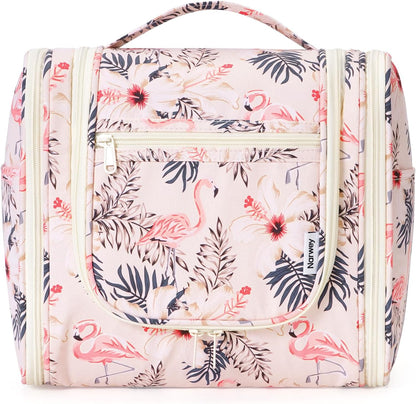 Narwey Hanging Toiletry Bag for Women Travel Makeup Bag Organizer Toiletries Bag for Cosmetics Essentials Accessories (Large, Beige Bird)